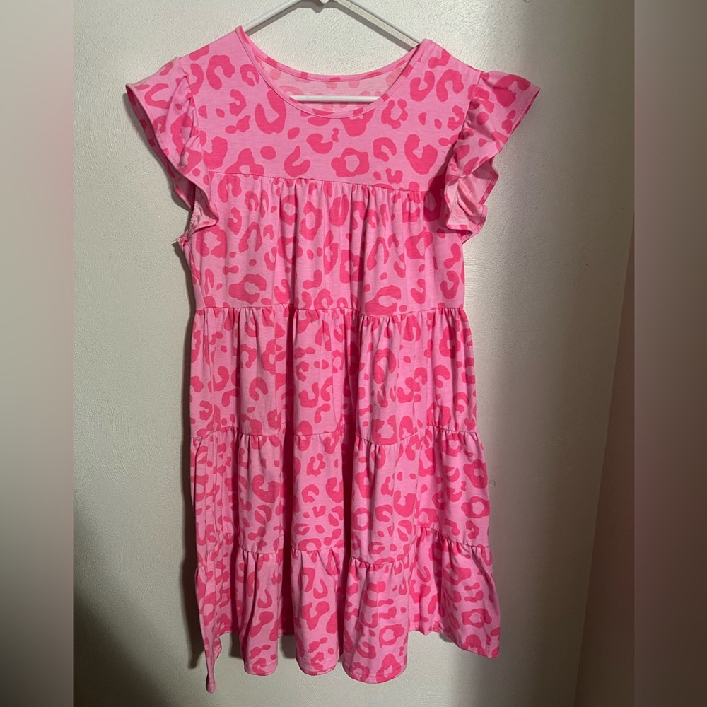 NO BRAND Cute Tiered Leopard Print Ruffle Sleeve Modest Dress Pink Girl's Size M